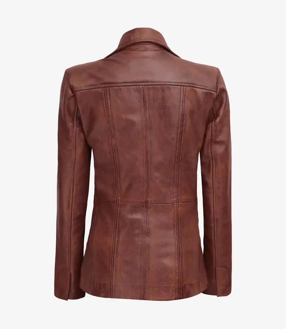 Womens Three Button Cognac Brown Leather Blazer - Vox Leather