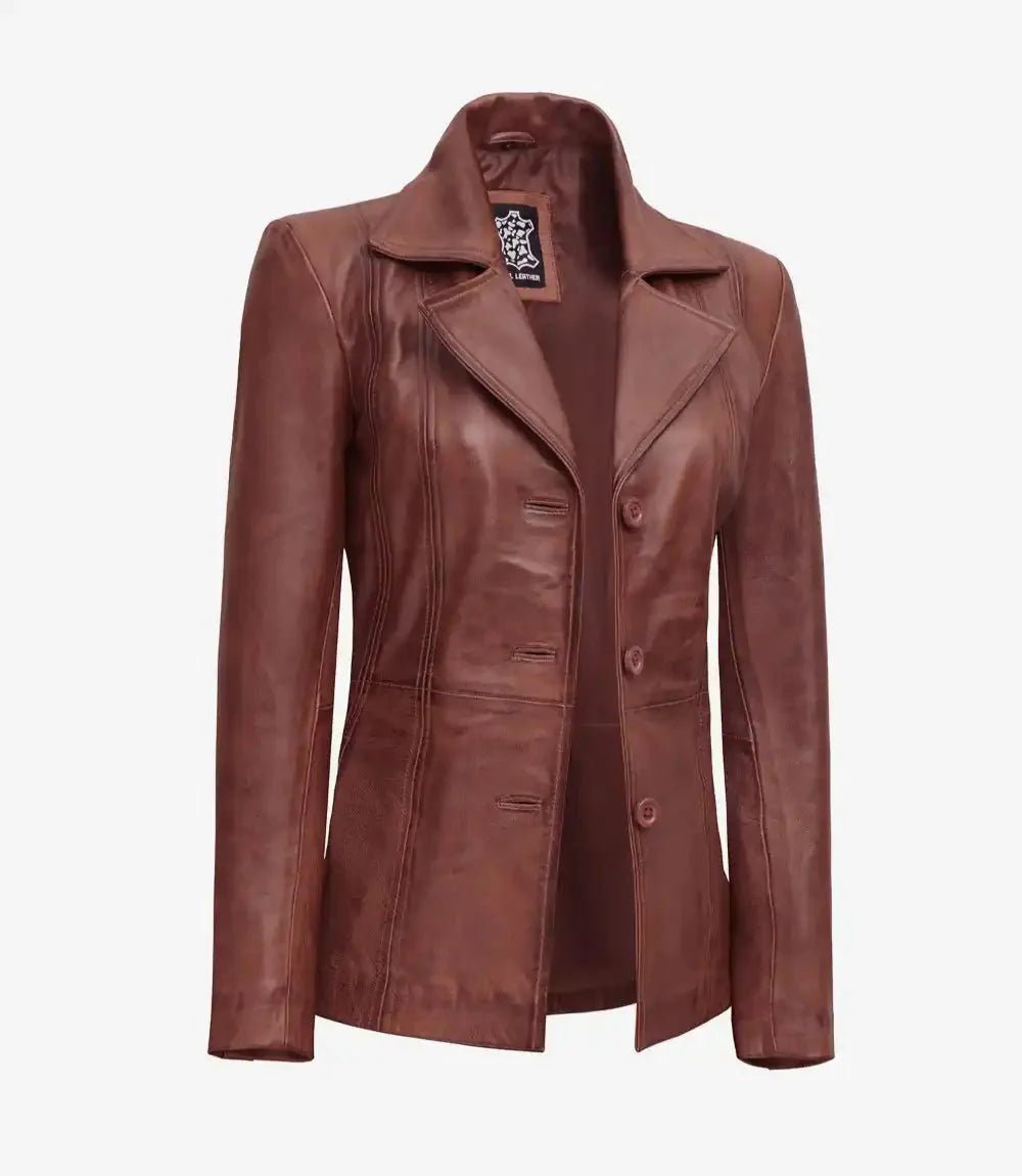 Womens Three Button Cognac Brown Leather Blazer - Vox Leather