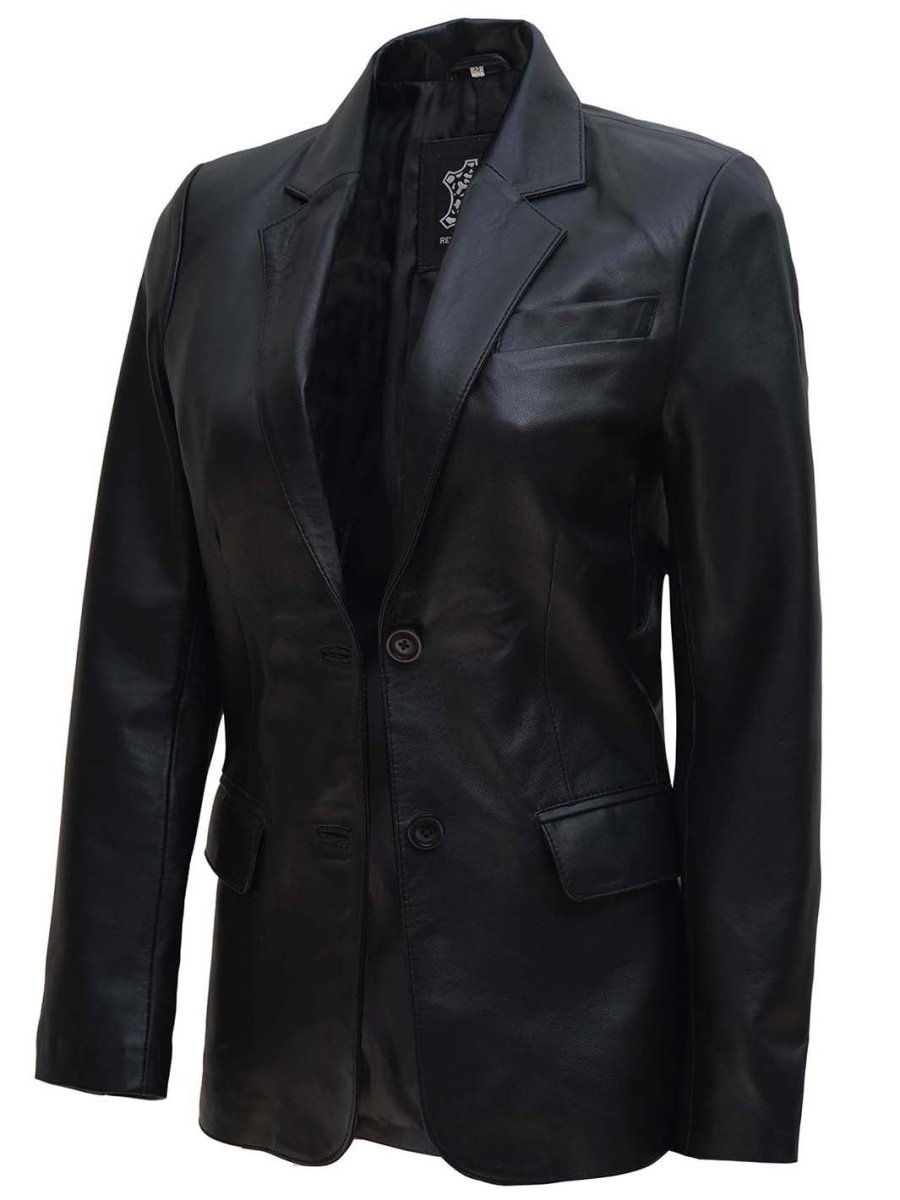 Women's Two Button Black Real Leather Blazer - Vox Leather