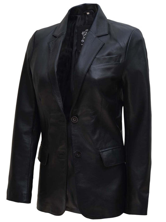 Women's Two Button Black Real Leather Blazer - Vox Leather