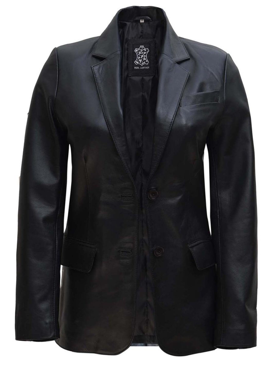 Women's Two Button Black Real Leather Blazer - Vox Leather