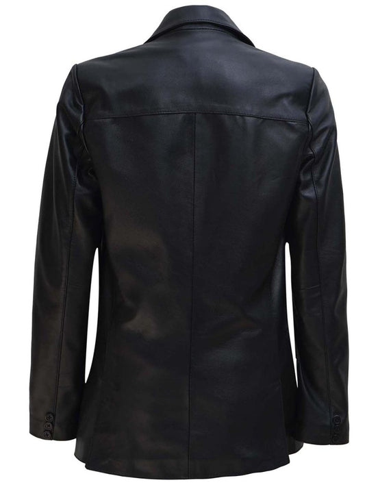 Women's Two Button Black Real Leather Blazer - Vox Leather