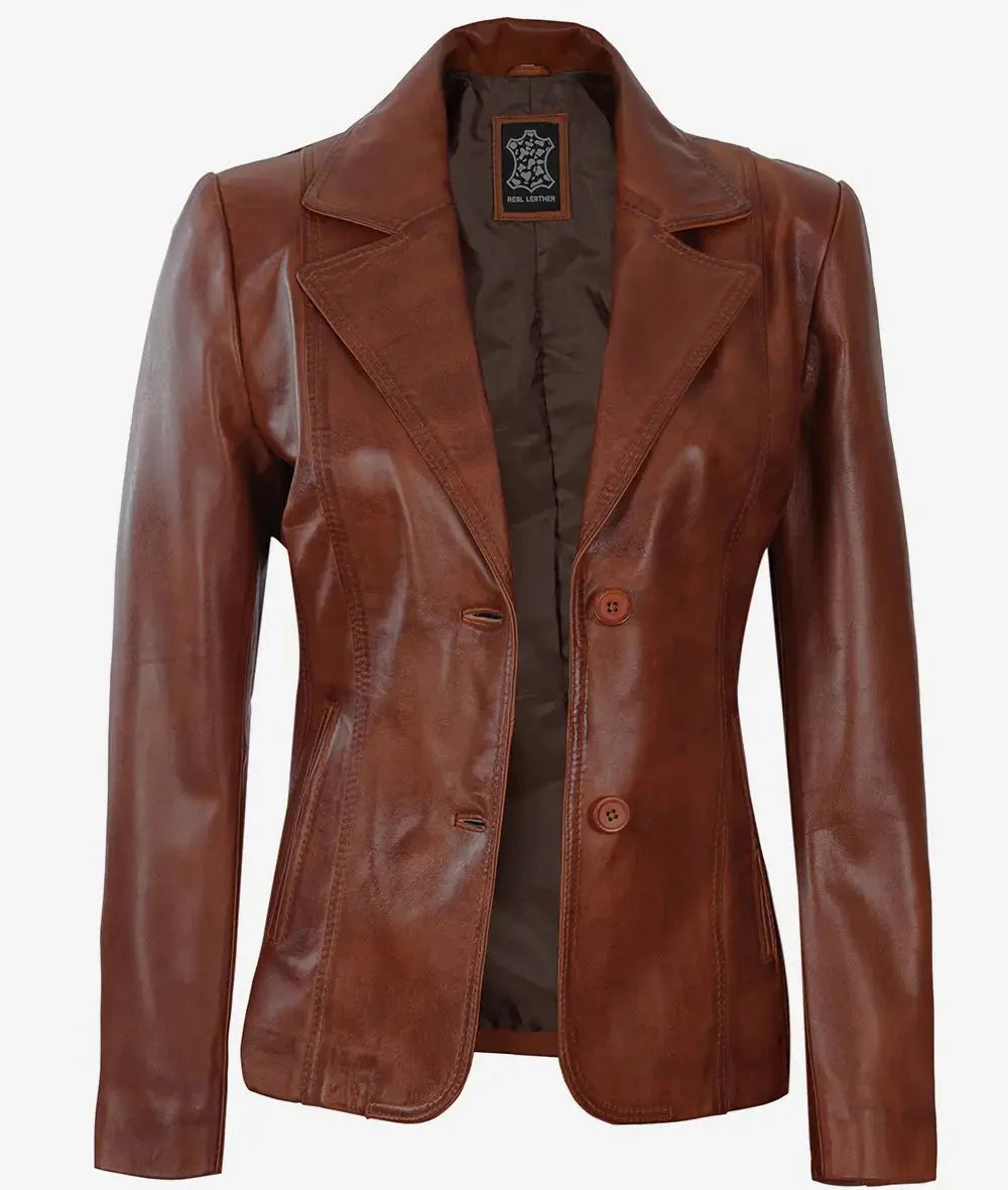 Womens Two Button Cognac Brown Leather Blazer - Rare Leather