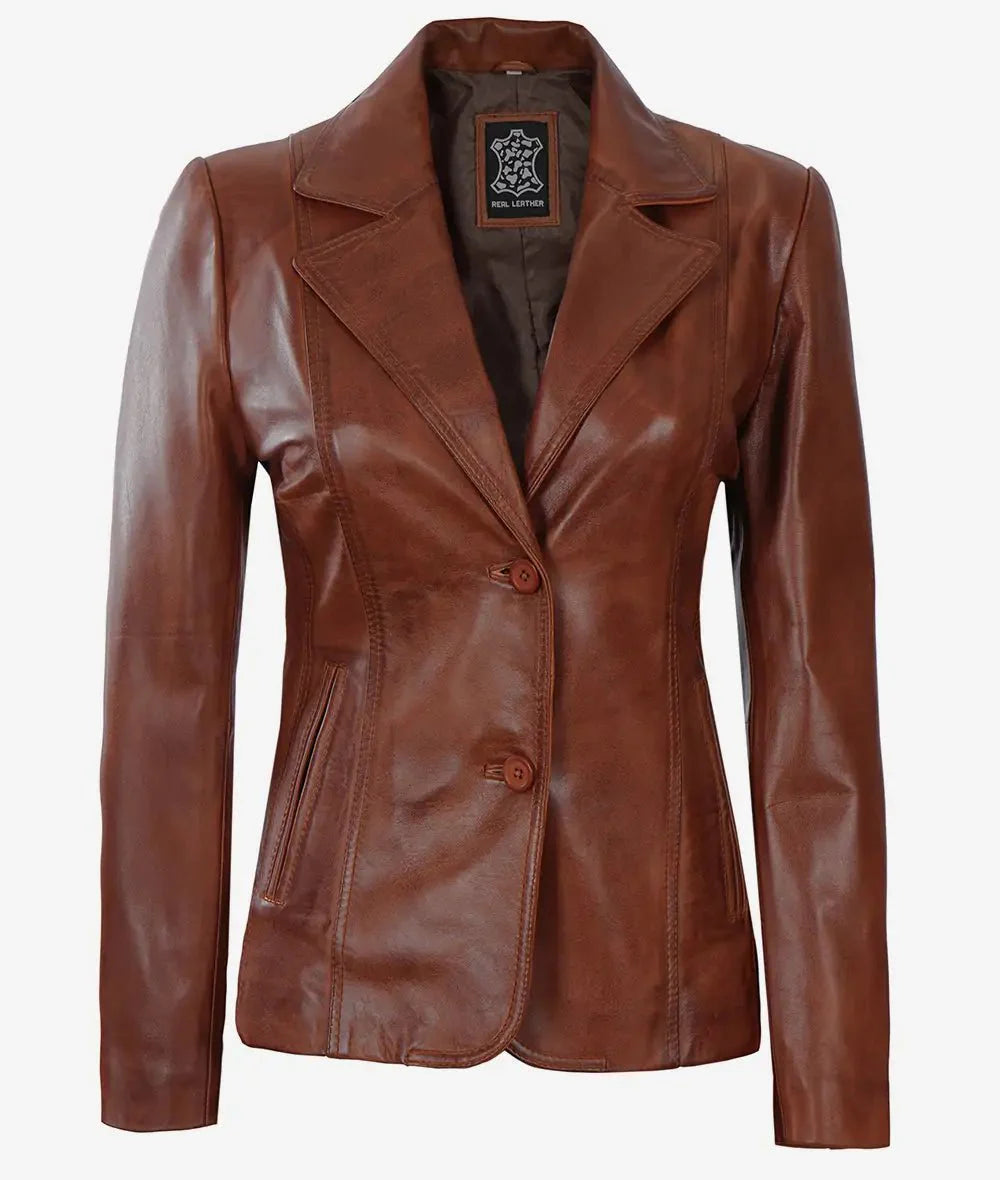 Womens Two Button Cognac Brown Leather Blazer - Rare Leather