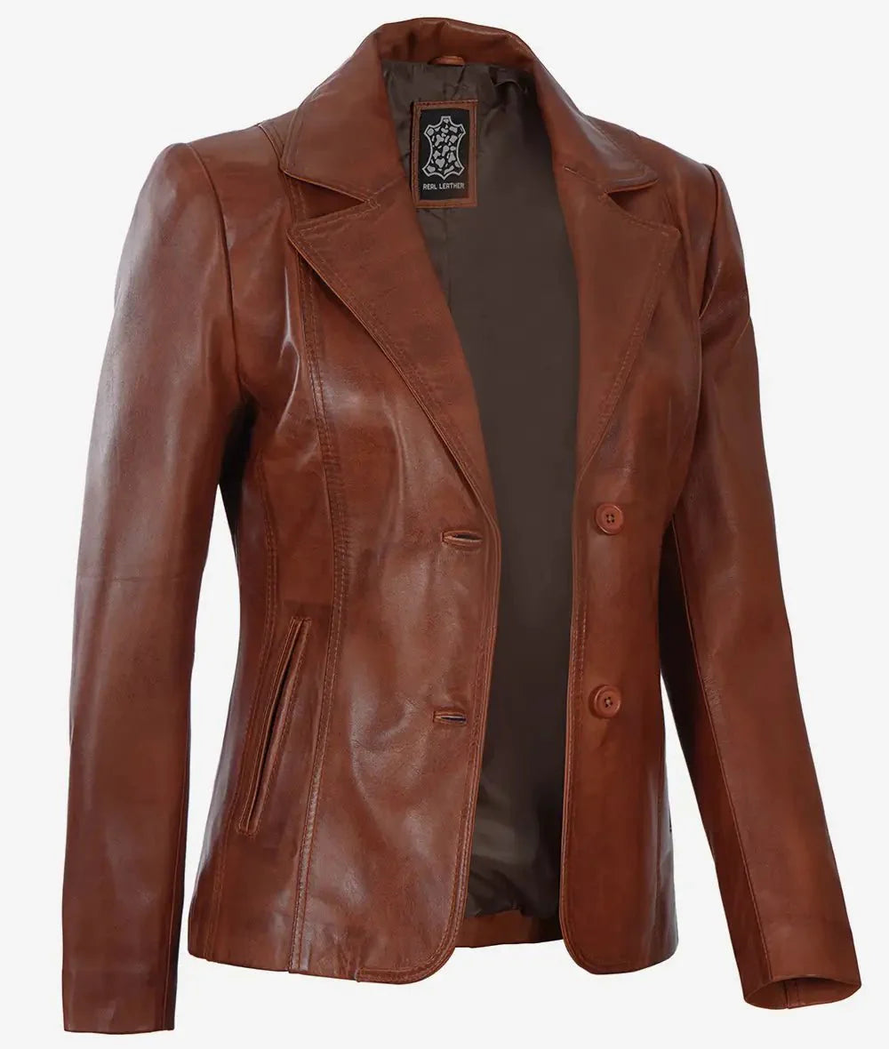 Womens Two Button Cognac Brown Leather Blazer - Rare Leather