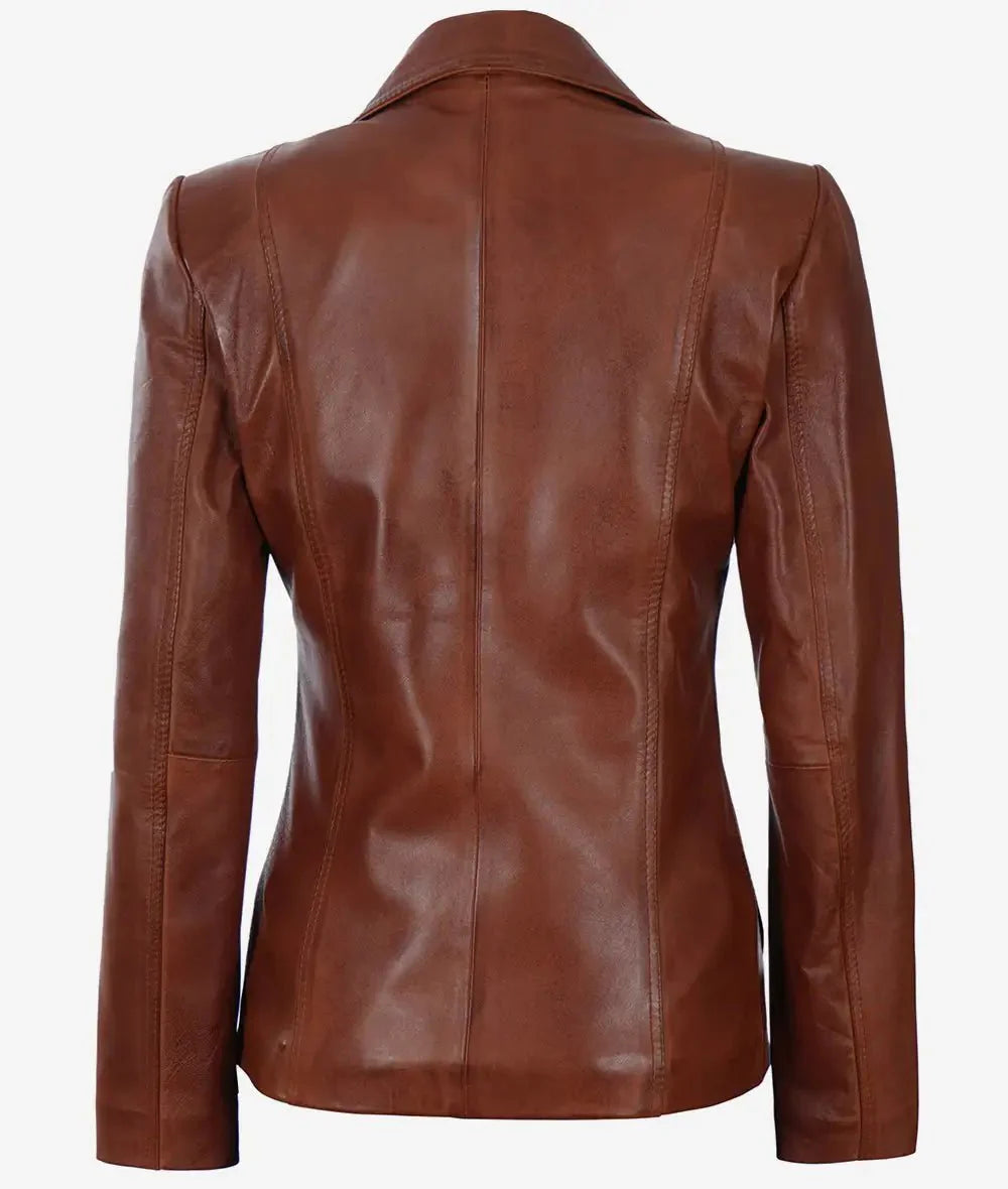 Womens Two Button Cognac Brown Leather Blazer - Rare Leather