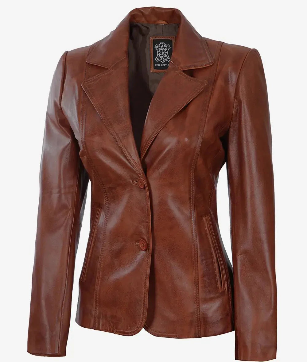 Womens Two Button Cognac Brown Leather Blazer - Rare Leather