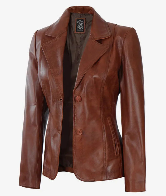 Womens Two Button Cognac Brown Leather Blazer - Rare Leather