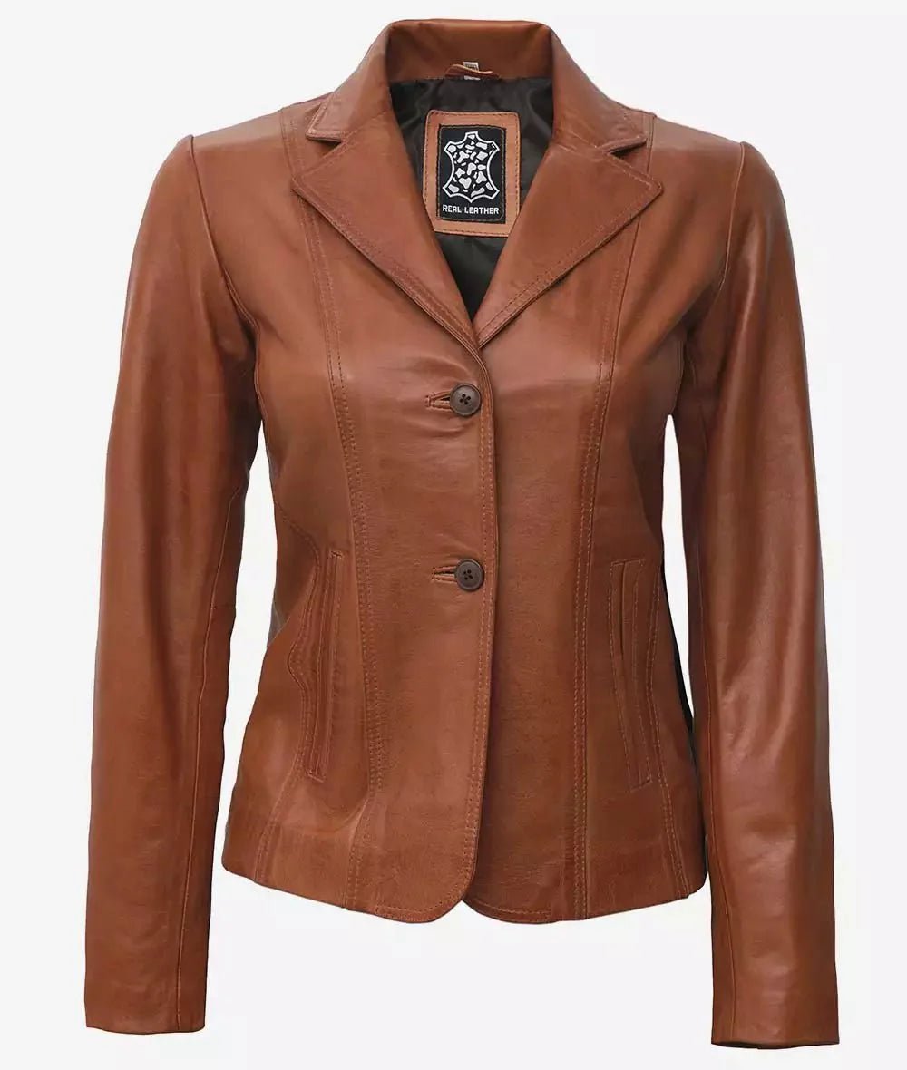 Women's Two Button Tan Brown Leather Blazer Jacket - Vox Leather