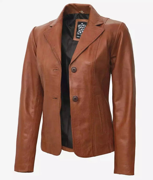 Women's Two Button Tan Brown Leather Blazer Jacket - Vox Leather