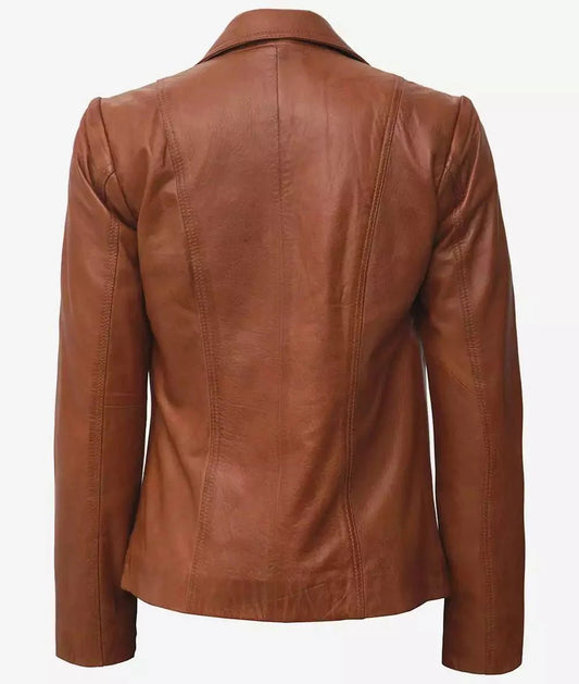 Women's Two Button Tan Brown Leather Blazer Jacket - Vox Leather