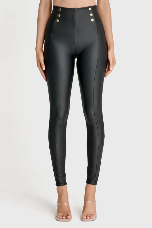 WRUP Faux Leather with Button Detail - Super High Waisted - Full Length - Black - Vox Leather